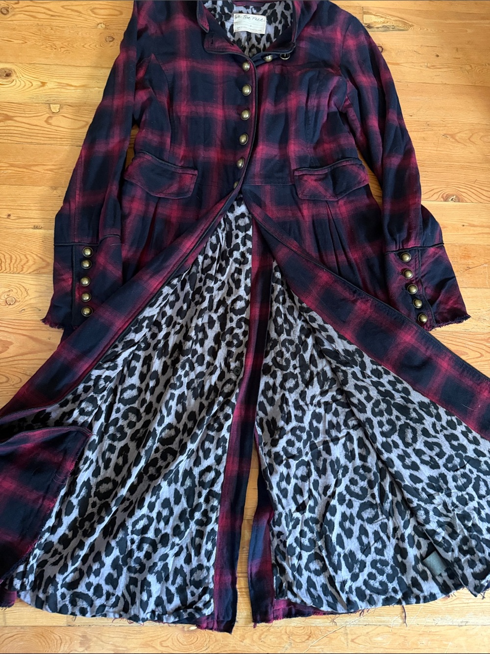 Free People Black and Red Plaid Maxi Coat Dress with Leopard Trim - Picture 3 of 7